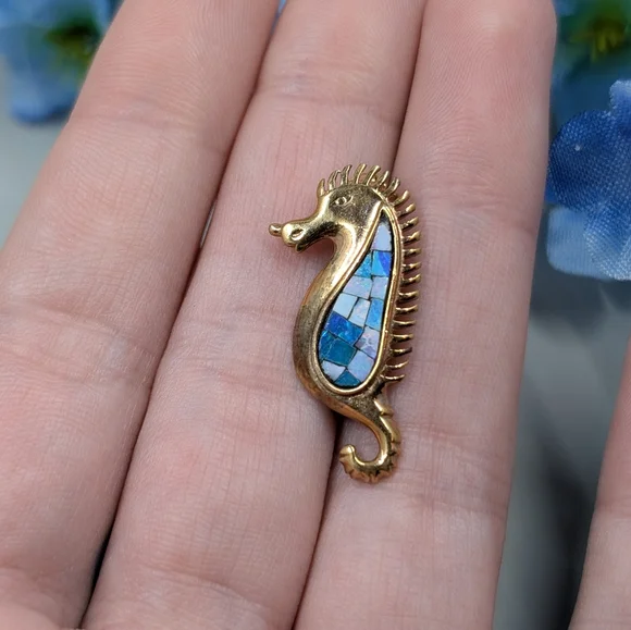 Genuine Opal And 925 Sterling Silver Vintage Seahorse Brooch - Picture 5 of 5